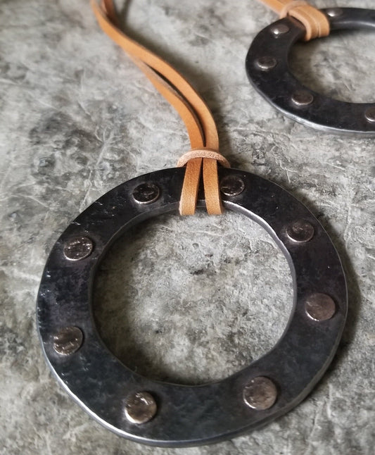 Pendant, Bronze Hand Forged Circle Pendant, Rustic Jewelry, Necklace 2.5" d, Stainless Steel, Bronze & Leather Strap, Unisex Pirate Gifts,