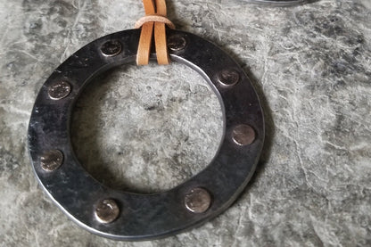 Pendant, Bronze Hand Forged Circle Pendant, Rustic Jewelry, Necklace 2.5" d, Stainless Steel, Bronze & Leather Strap, Unisex Pirate Gifts,