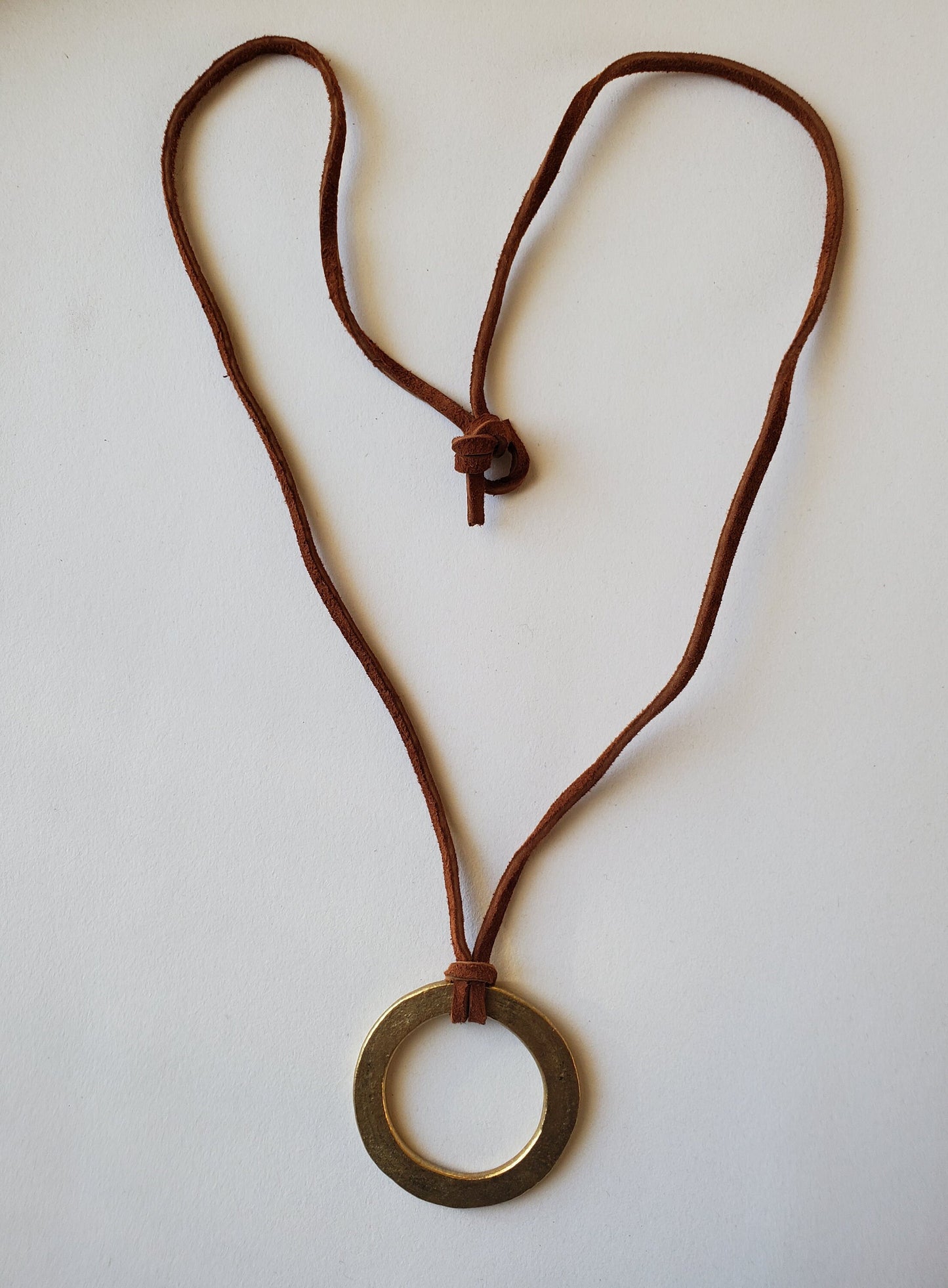 Pendant Gold Hand Forged Circle Pendant Stainless Steel Jewelry Necklace 2.5" diameter Stainless Steel Brass & Leather Strap Unisex Gifts