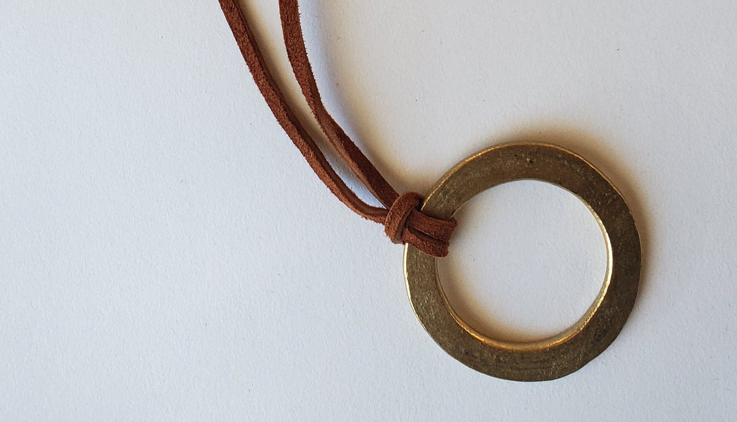 Pendant Gold Hand Forged Circle Pendant Stainless Steel Jewelry Necklace 2.5" diameter Stainless Steel Brass & Leather Strap Unisex Gifts