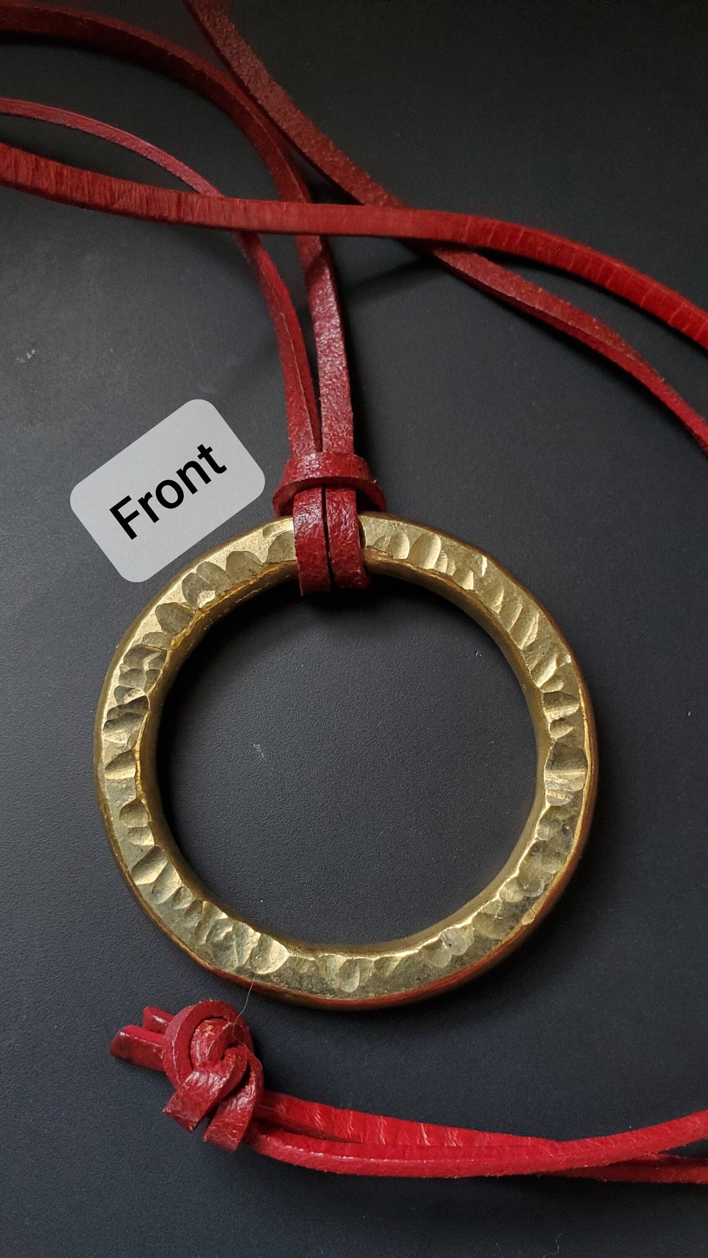 Pendant, Hand Forged, Circle Pendant, Unisex Jewelry, Bohemian Necklace 2" d with Burlap / Velvet Bag, Beige, Black or Brown Leather Strap