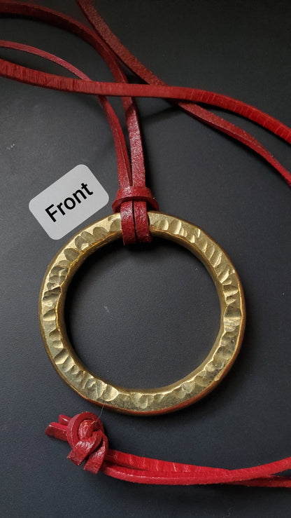 Pendant, Hand Forged, Circle Pendant, Unisex Jewelry, Bohemian Necklace 2" d with Burlap / Velvet Bag, Beige, Black or Brown Leather Strap