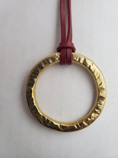 Pendant, Hand Forged, Circle Pendant, Unisex Jewelry, Bohemian Necklace 2" d with Burlap / Velvet Bag, Beige, Black or Brown Leather Strap