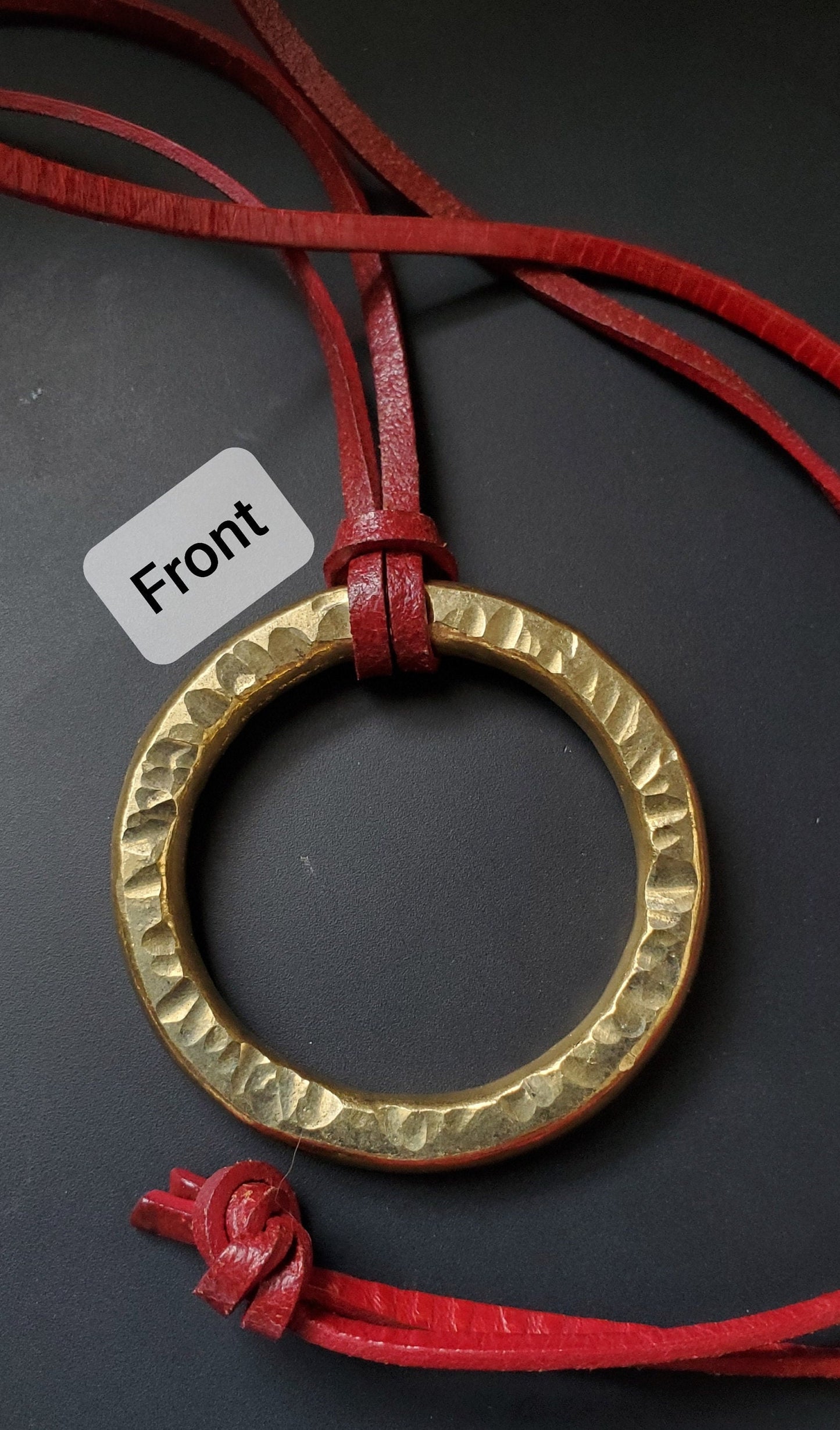 Pendant, Hand Forged, Circle Pendant, Unisex Jewelry, Bohemian Necklace 2" d with Burlap / Velvet Bag, Beige, Black or Brown Leather Strap