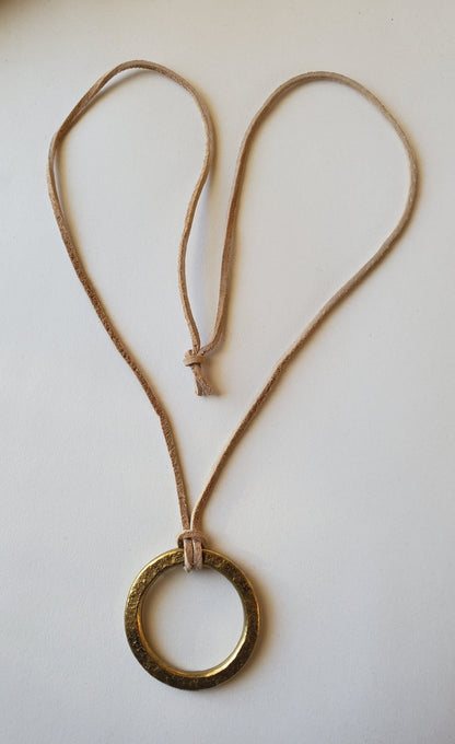 Brass Pendant Hand Forged Circle Pendant Unisex Jewelry Bohemian Necklace 1.5" d w/ Burlap or Velvet Bag Beige, Black or Brown Leather Strap