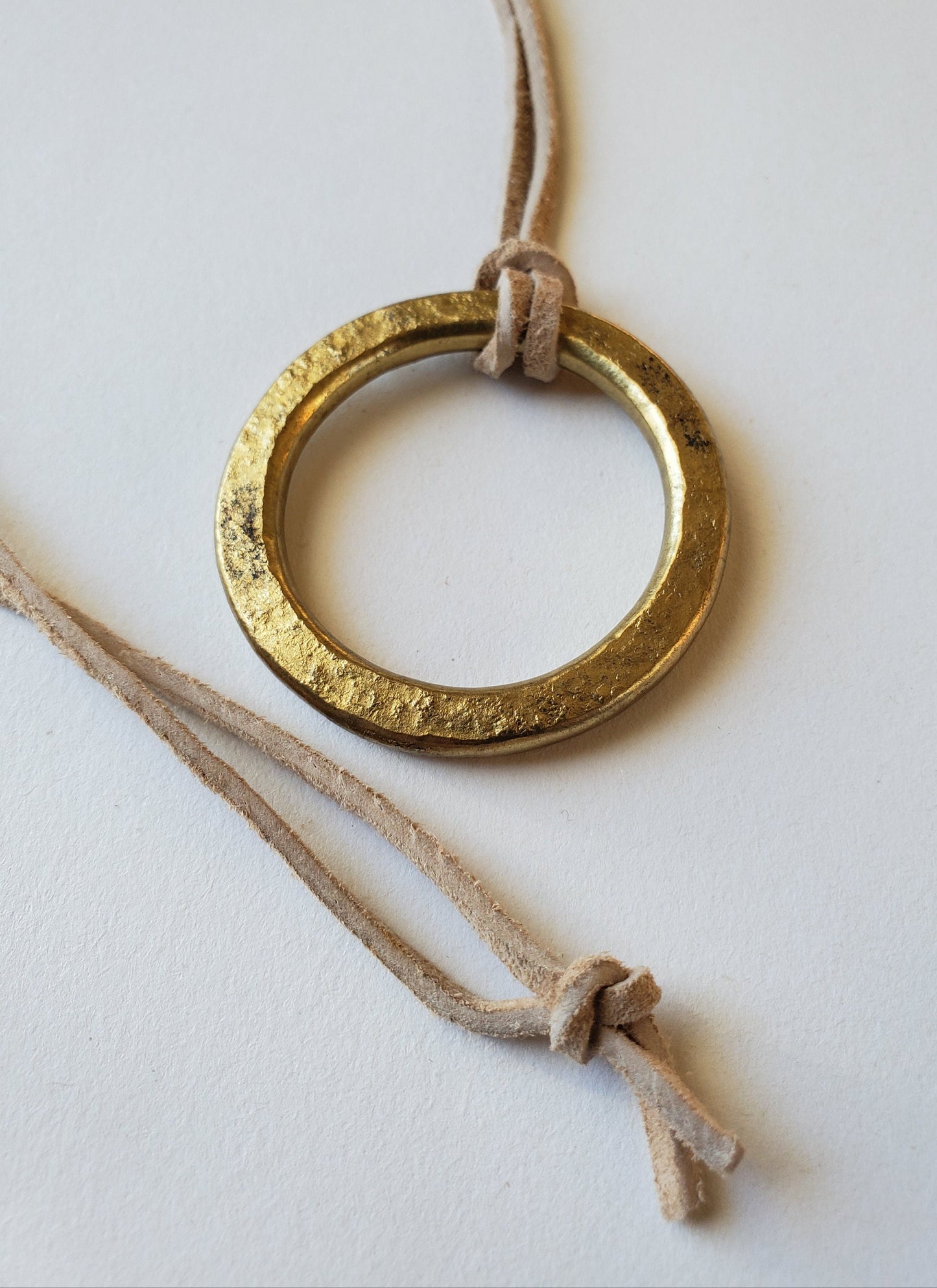 Brass Pendant Hand Forged Circle Pendant Unisex Jewelry Bohemian Necklace 1.5" d w/ Burlap or Velvet Bag Beige, Black or Brown Leather Strap