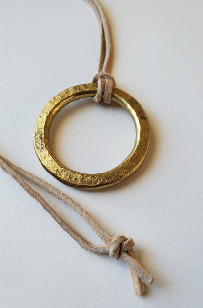Brass Pendant Hand Forged Circle Pendant Unisex Jewelry Bohemian Necklace 1.5" d w/ Burlap or Velvet Bag Beige, Black or Brown Leather Strap
