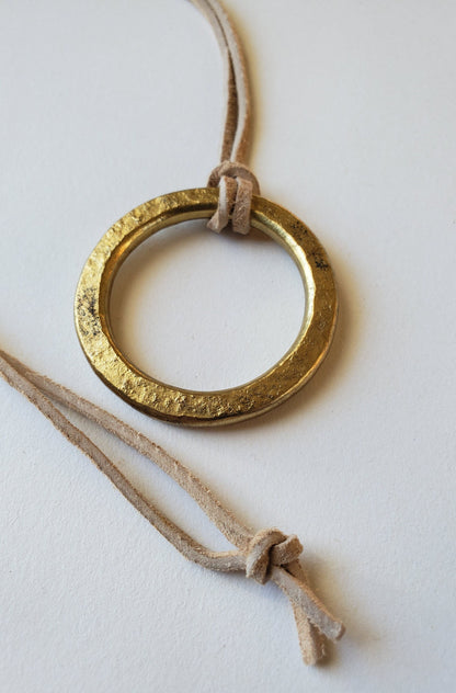 Stainless Steel Pendant Circle Pendant Unisex Jewelry Bohemian Necklace 1.5" d w/ Burlap or Velvet Bag, Beige, Black or Brown Leather Strap