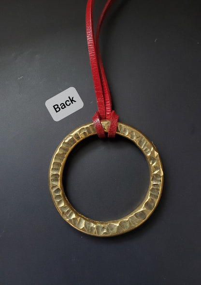 Pendant, Hand Forged, Circle Pendant, Unisex Jewelry, Bohemian Necklace 2" d with Burlap / Velvet Bag, Beige, Black or Brown Leather Strap