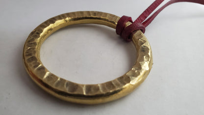 Pendant, Hand Forged, Circle Pendant, Unisex Jewelry, Bohemian Necklace 2" d with Burlap / Velvet Bag, Beige, Black or Brown Leather Strap