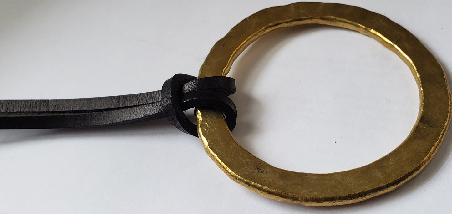 3" Big Brass Ring & Leather Strap Pendant Hand Forged Circle Pendant Unisex Jewelry Bohemian Necklace w/ Gift Bag