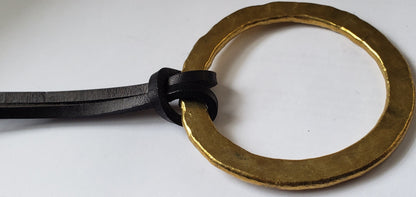 3" Big Brass Ring & Leather Strap Pendant Hand Forged Circle Pendant Unisex Jewelry Bohemian Necklace w/ Gift Bag