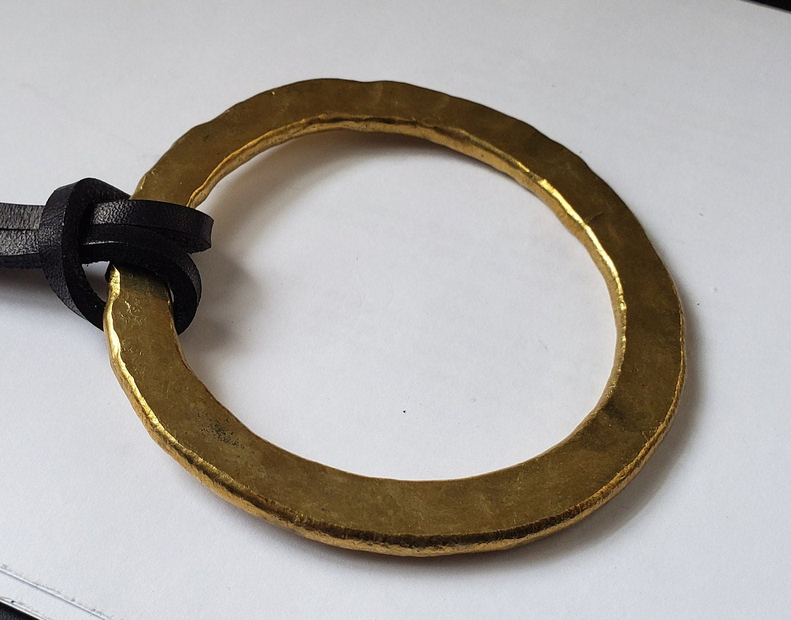 3" Big Brass Ring & Leather Strap Pendant Hand Forged Circle Pendant Unisex Jewelry Bohemian Necklace w/ Gift Bag