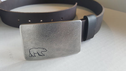 Personalized Belt & Buckle Set Canadian Polar Bear African Safari Etched Customized Design Buckle and 1.25" Wide Leather Belt w/ Snaps