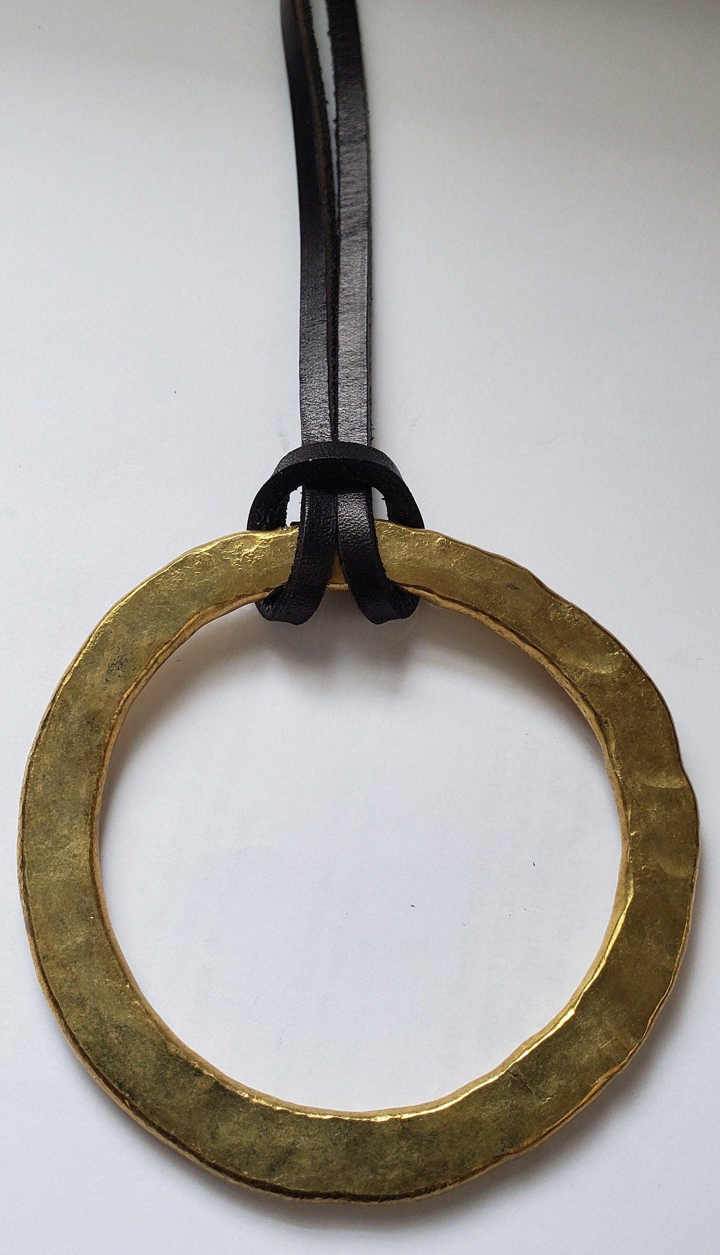 3" Big Brass Ring & Leather Strap Pendant Hand Forged Circle Pendant Unisex Jewelry Bohemian Necklace w/ Gift Bag
