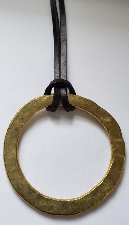 3" Big Brass Ring & Leather Strap Pendant Hand Forged Circle Pendant Unisex Jewelry Bohemian Necklace w/ Gift Bag