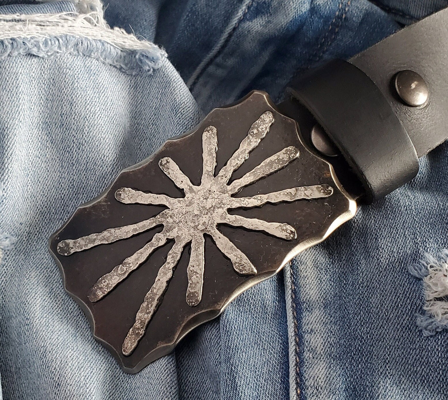 Sun Buckle & Belt Bronze Anniversary Gift /Stainless Anniversary Hand Forged Jean Buckle Gift Buckle for 1.5" Leather Belt w/ Gift Bag