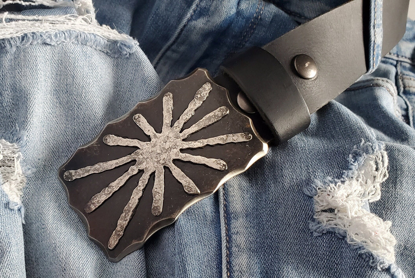 Sun Buckle & Belt Bronze Anniversary Gift /Stainless Anniversary Hand Forged Jean Buckle Gift Buckle for 1.5" Leather Belt w/ Gift Bag