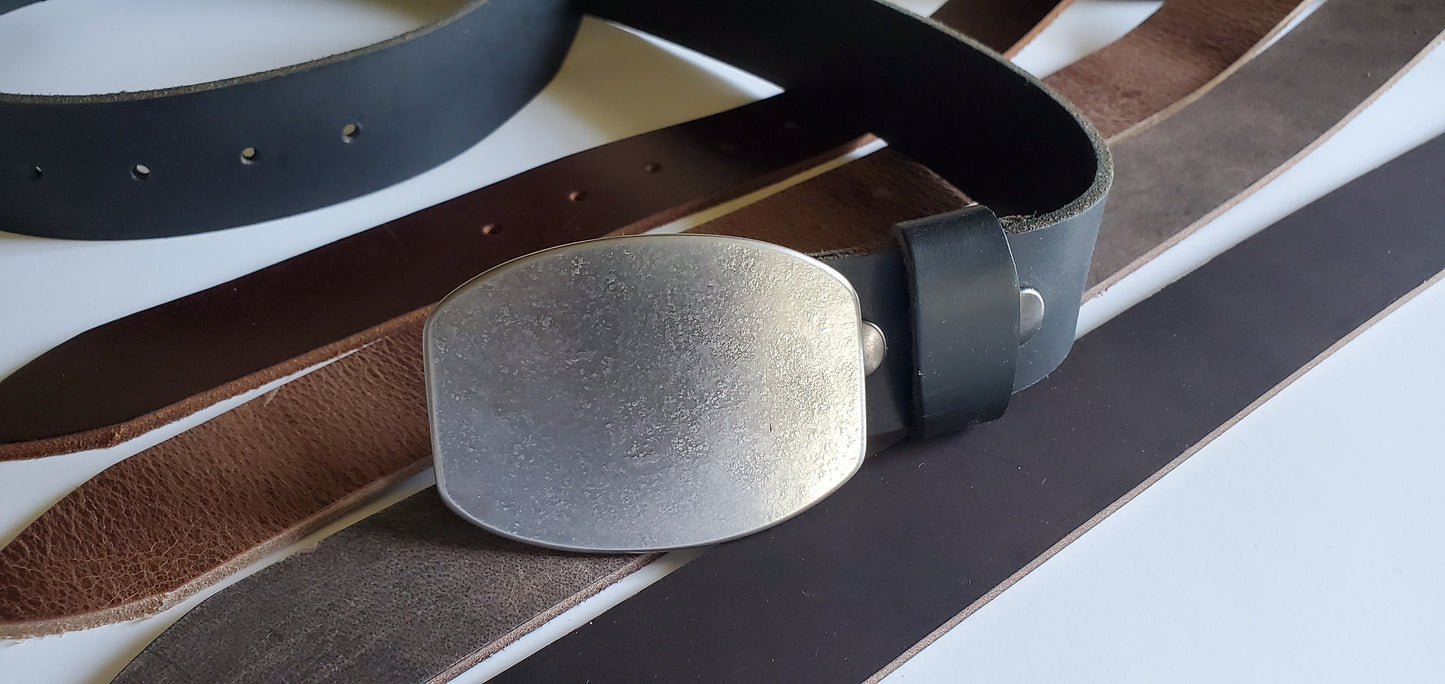 Belt & Buckle, Unisex Blue Jean Buckle and Belt, Canadian Hand Forged, Hypoallergenic Accessories, Stainless Steel Buckle and Leather Belt