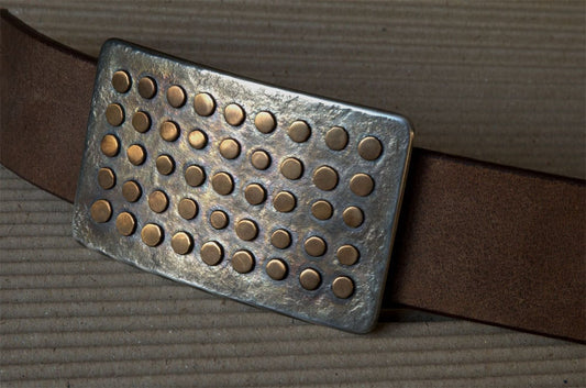 Polka Dot Belt Buckle Oversized Belt Buckle Fits 2" Belt Unisex Bronze & Stainless Steel Signed by Robert Aucoin Jeans or Kilt Buckle