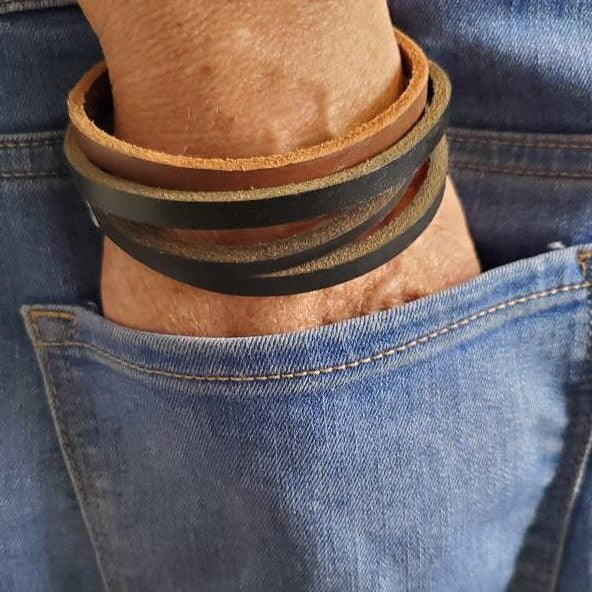 Stocking Stuffer, Unisex Leather Bangle, Stackable Leather Bracelet, Stainless Clasp, Leather Cuffs, Hand Dyed Stackable Bracelet & Gift Bag