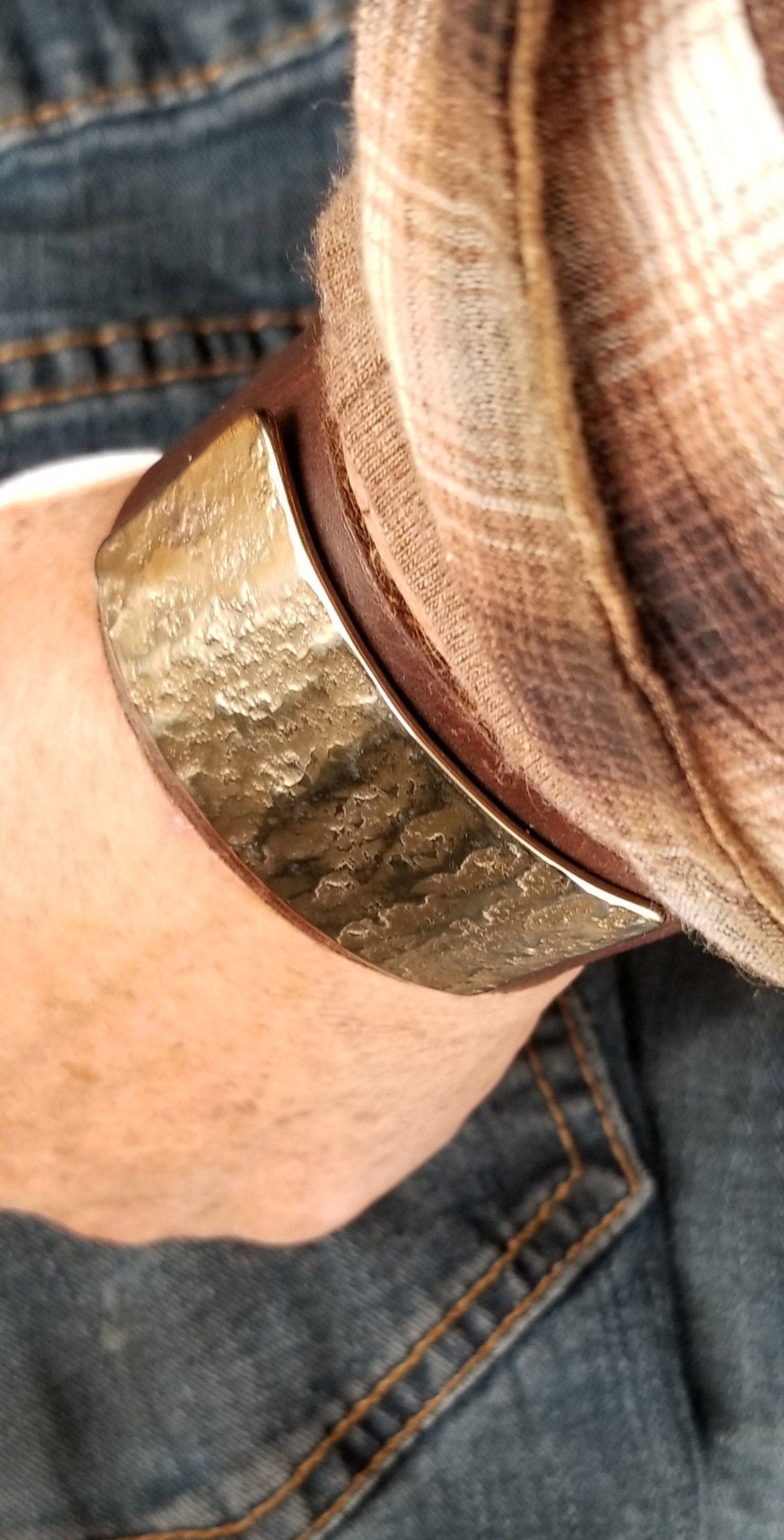 Leather & Metal Wrist Cuff Choice of Leather Colour w Snap Close Hand Forged Stainless Steel Gold or Silver Plate,Burlap Gift Bag Included