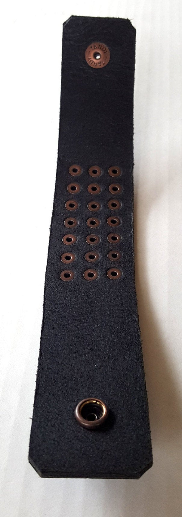Leather Cuff w Copper Rivets Unisex Bracelet Wrist Cuff Snap Close Leather, Custom Size Velvet or Burlap Gift Bag Included Unisex Gift