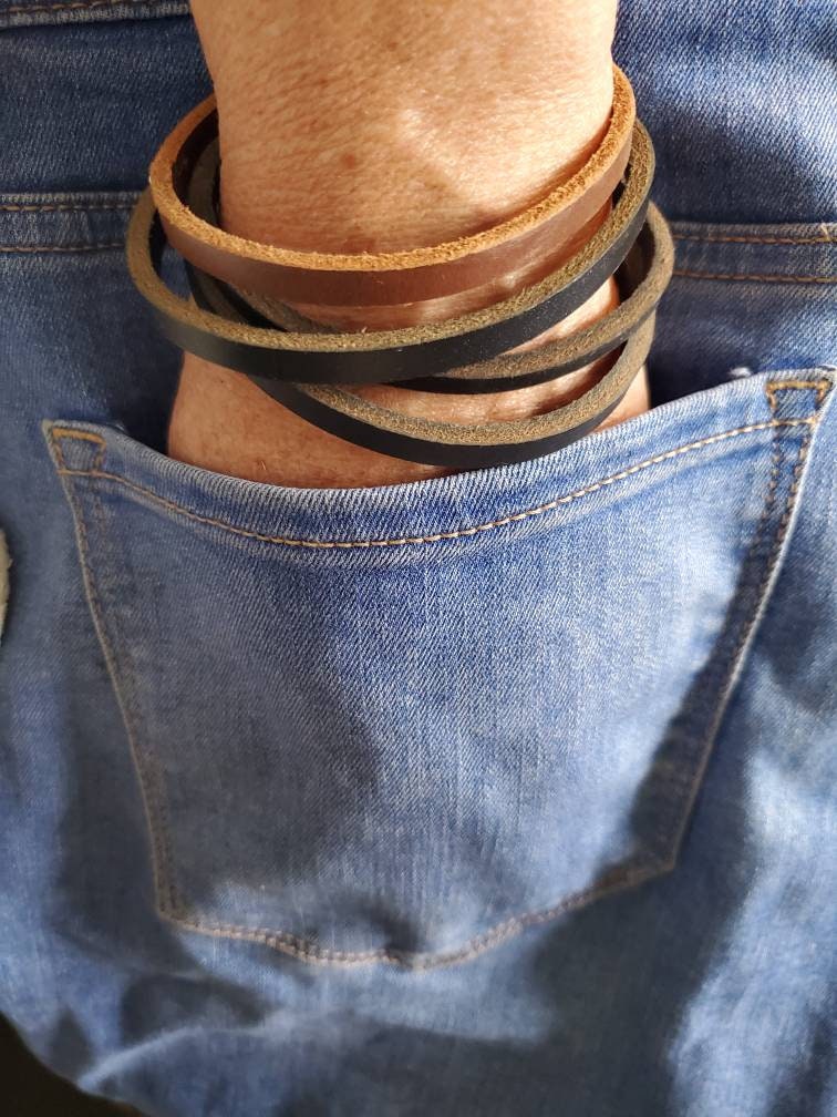 Leather Bracelet, Stackable Leather Bangle, Stainless Clasp, Stocking Stuffer, Unisex Leather Cuffs, Hand Dyed Stackable Bracelet & Gift Bag
