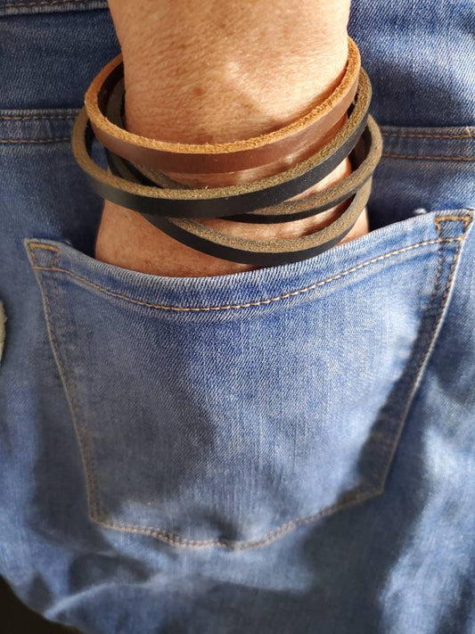 Leather Bracelet, Stackable Leather Bangle, Stainless Clasp, Stocking Stuffer, Unisex Leather Cuffs, Hand Dyed Stackable Bracelet & Gift Bag