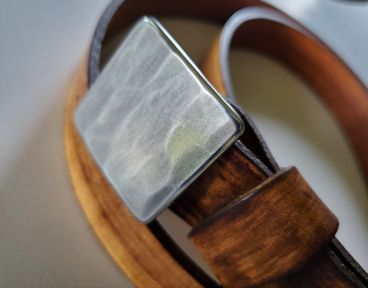 Tiny Silver Woodgrain Buckle & Leather Belt, Unisex Belt and Buckle, Stainless Steel 1-5/8" x 1-1/2" fits 1-1/4" Custom Leather Belt