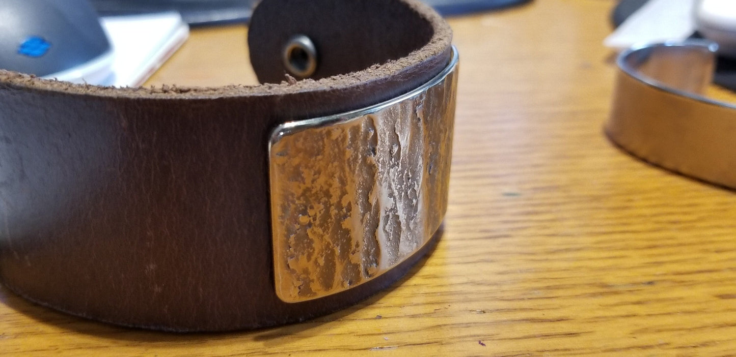 Leather & Metal Wrist Cuff Choice of Leather Colour w Snap Close Hand Forged Stainless Steel Gold or Silver Plate,Burlap Gift Bag Included