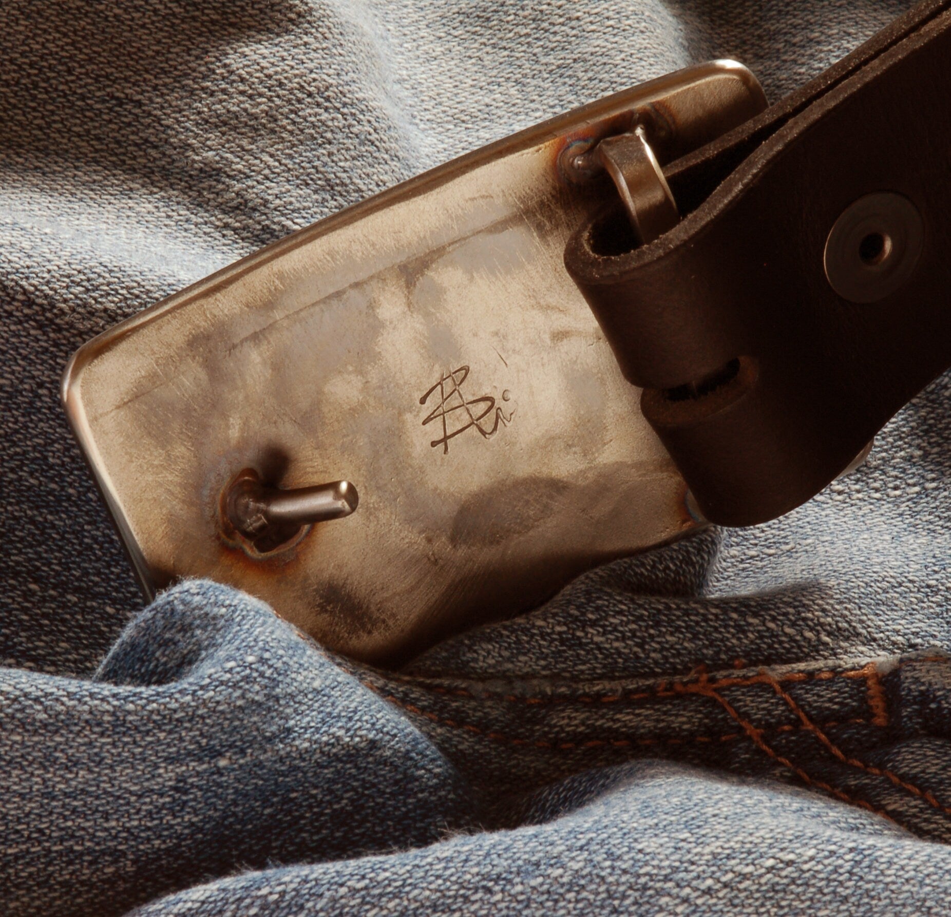Belt & Buckle Hand Forged Buckle with Leather Belt for Blue Jean Artisan Signed Unisex Buckle Fits 1.5" Leather Snap Belt for Jeans
