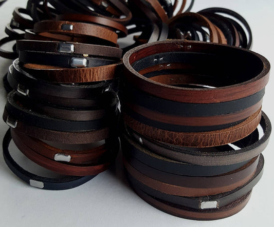 Stocking Stuffer, Unisex Leather Bangle, Stackable Leather Bracelet, Stainless Clasp, Leather Cuffs, Hand Dyed Stackable Bracelet & Gift Bag