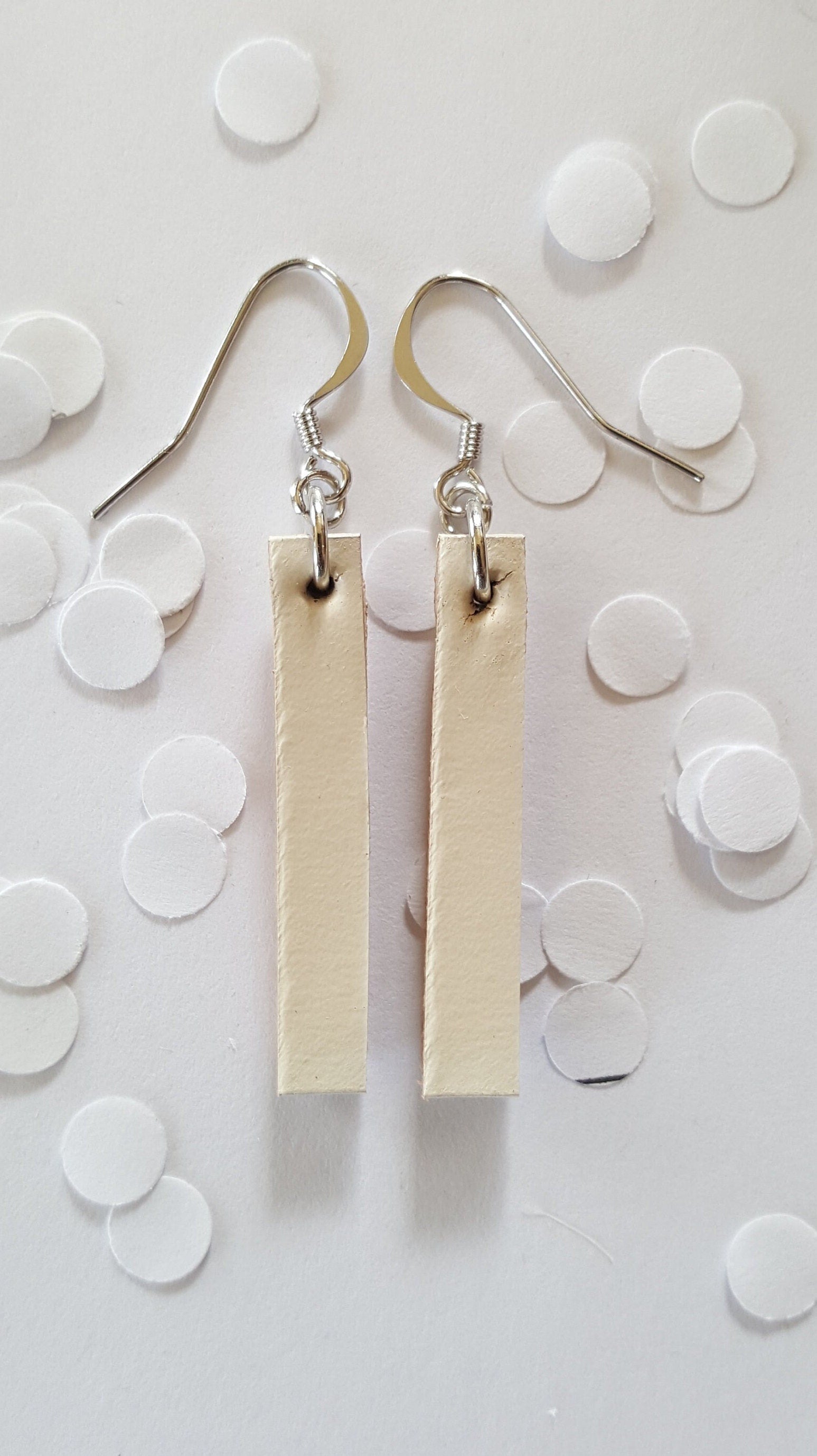 Winter White Lightweight Leather Earring Set w Shepherd Hooks Variety of Colours Hand Made Canadian Jewelry & Storage Bag, Stocking Stuffer