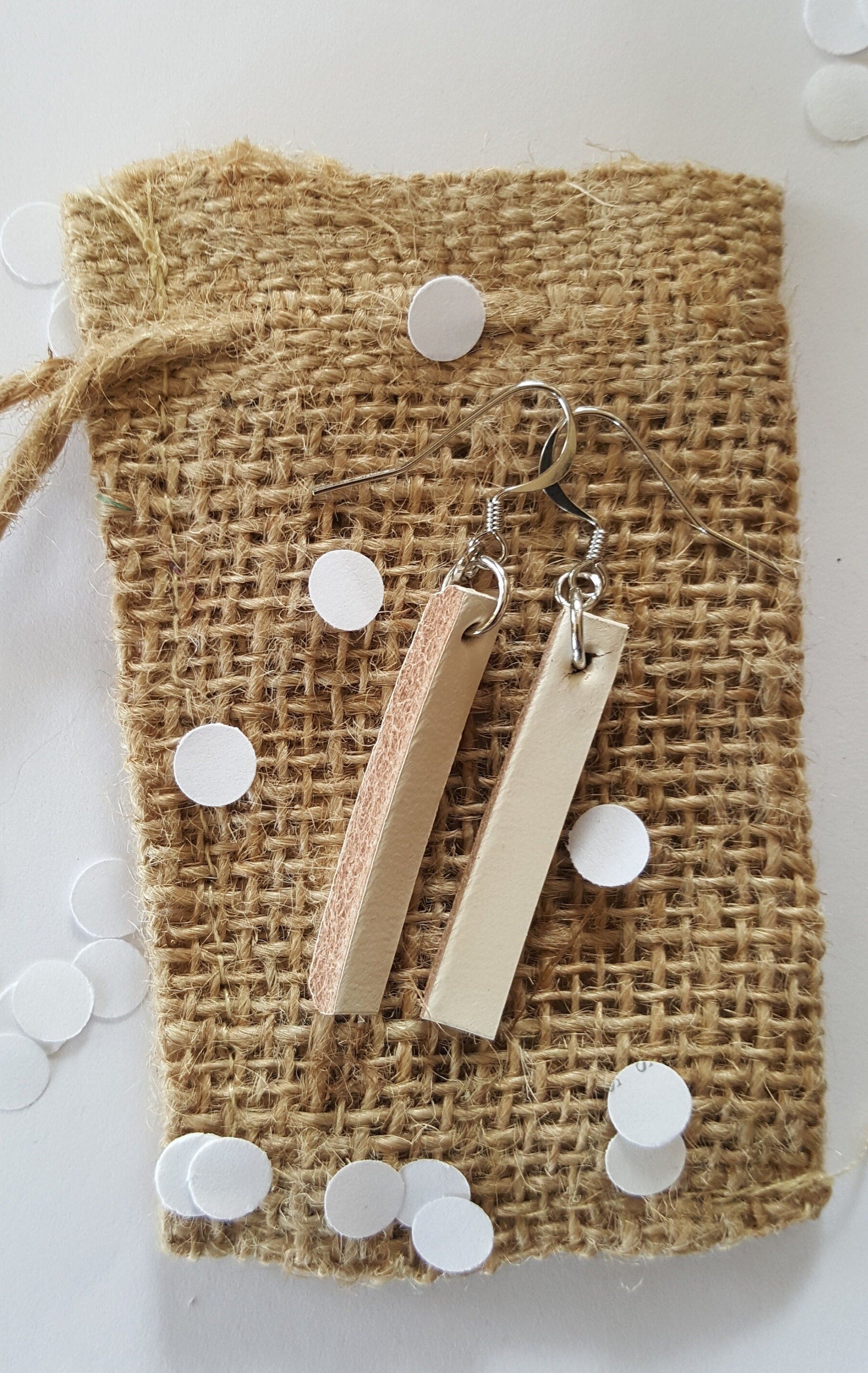 Winter White Lightweight Leather Earring Set w Shepherd Hooks Variety of Colours Hand Made Canadian Jewelry & Storage Bag, Stocking Stuffer