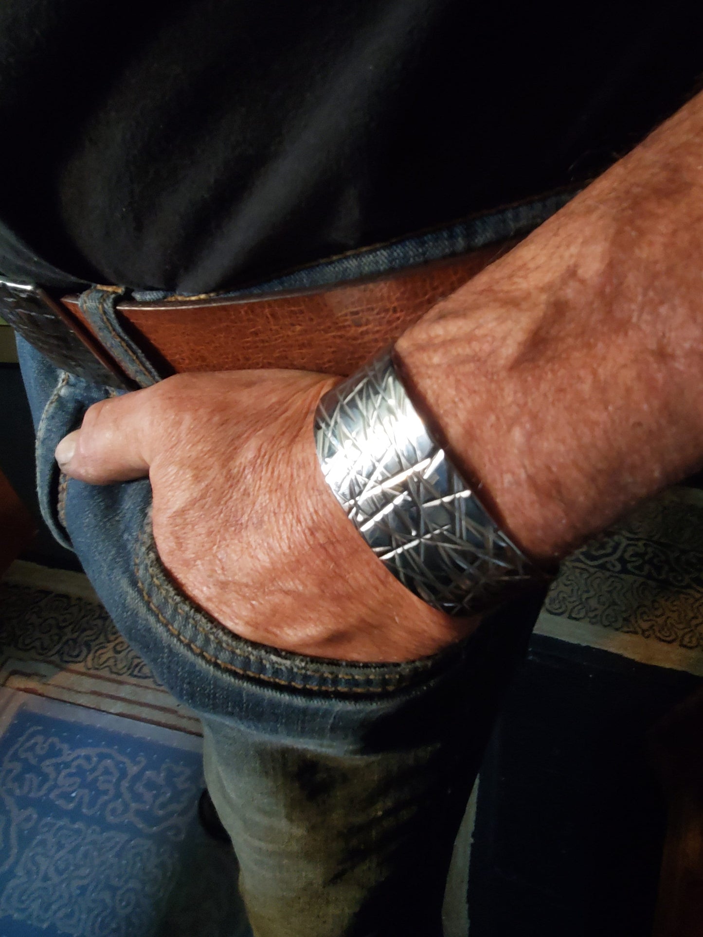 Wrist Cuff, Unisex Silver Bracelet, Hypoallergenic Cuff, Bracelet, Hand Forged Stainless Steel, Signed Original by Aucoin, Blue or Bronze