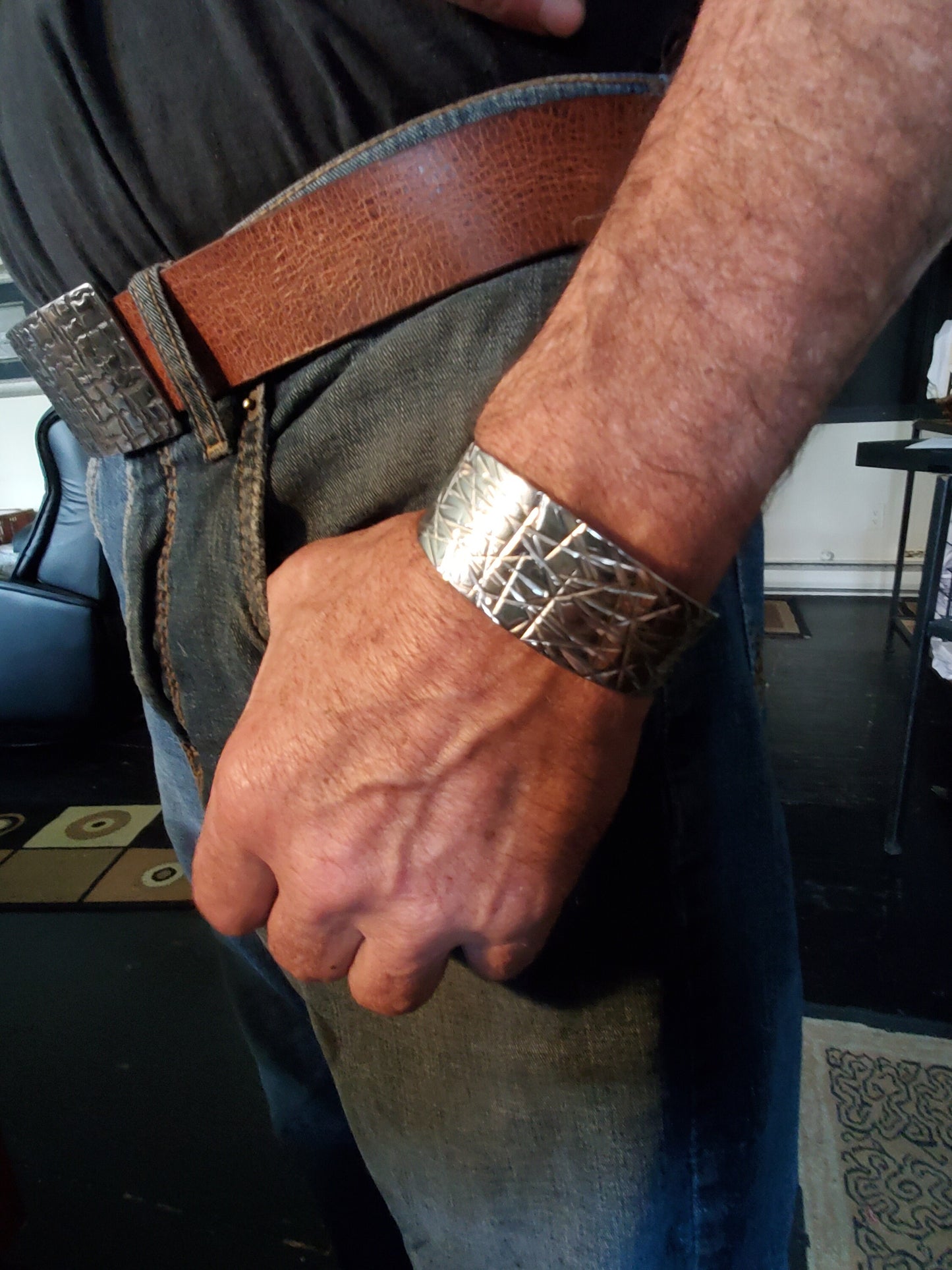 Wrist Cuff, Unisex Silver Bracelet, Hypoallergenic Cuff, Bracelet, Hand Forged Stainless Steel, Signed Original by Aucoin, Blue or Bronze