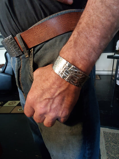 Wrist Cuff, Unisex Silver Bracelet, Hypoallergenic Cuff, Bracelet, Hand Forged Stainless Steel, Signed Original by Aucoin, Blue or Bronze