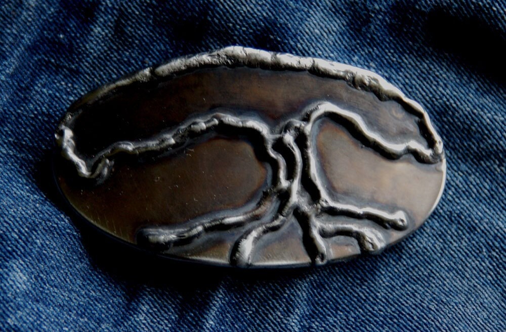 Oval "Tree of Life" Design, Family Tree, Stainless Steel, Roots, Blue Jean Belt Buckle fits 1-1/2" Leather Belt