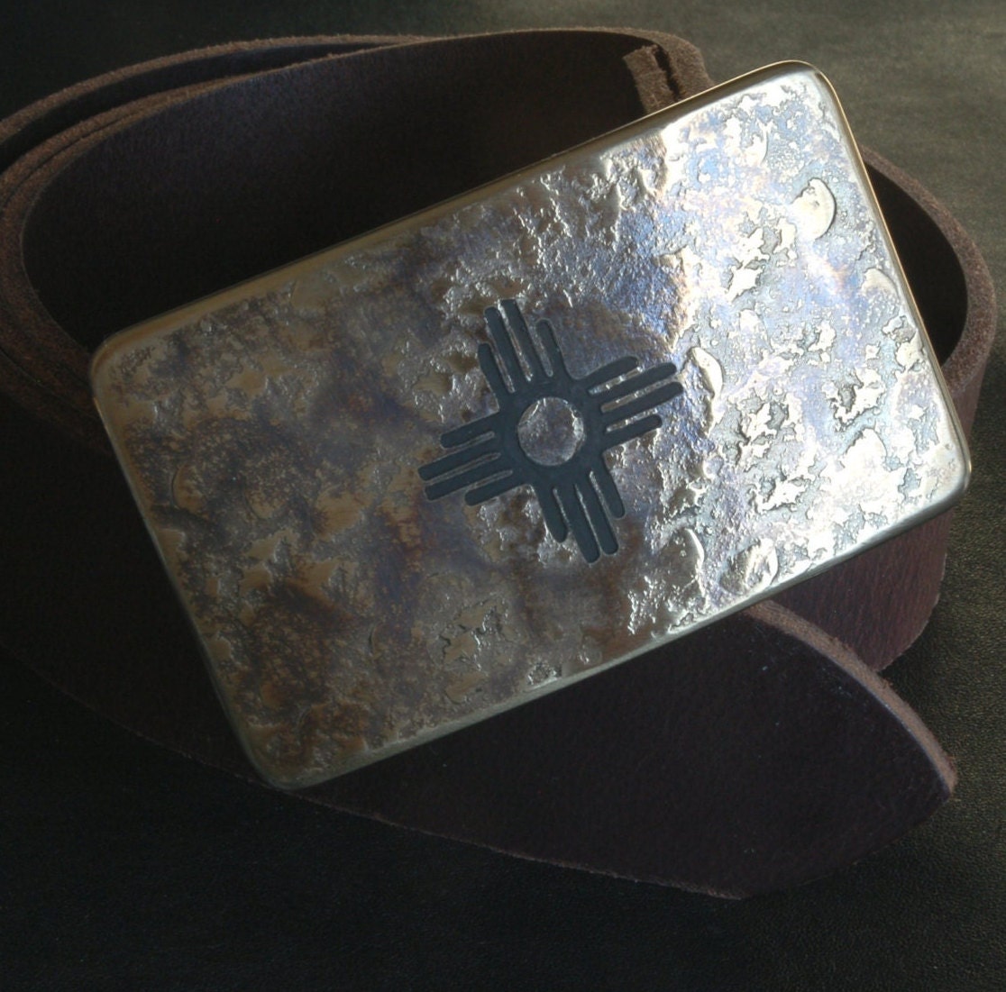 New Mexico Buckle & Belt Etched Jean Buckle and Belt Set Hand Forged Buckle Zia Buckle and Belt 1.5" Leather Belt for Jeans and Gift Bag