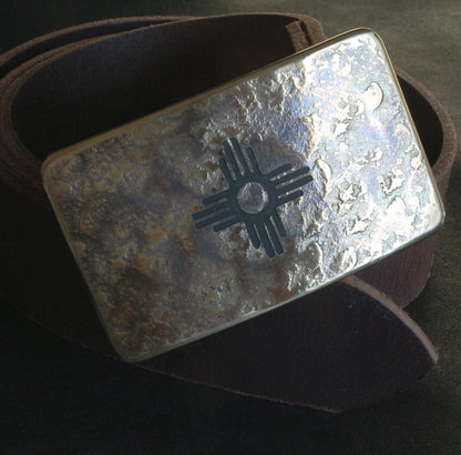New Mexico Buckle & Belt Etched Jean Buckle and Belt Set Hand Forged Buckle Zia Buckle and Belt 1.5" Leather Belt for Jeans and Gift Bag