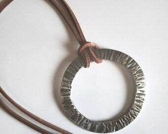 Large Silver & Slate Pendant Hand Forged Circle Unisex Pendant Rustic Jewelry Necklace 3.25"d Stainless Steel w/ Leather Strap Unisex Gifts