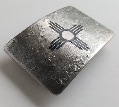 Zia Buckle & Belt Blue or Red New Mexico Etched Buckle with Belt Hand Forged Zia Buckle with 1.5" Leather Belt for Jeans and Gift Bag