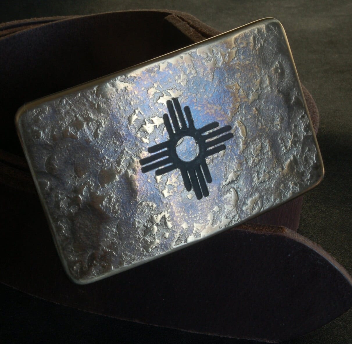 Zia Buckle & Belt Blue or Red New Mexico Etched Buckle with Belt Hand Forged Zia Buckle with 1.5" Leather Belt for Jeans and Gift Bag