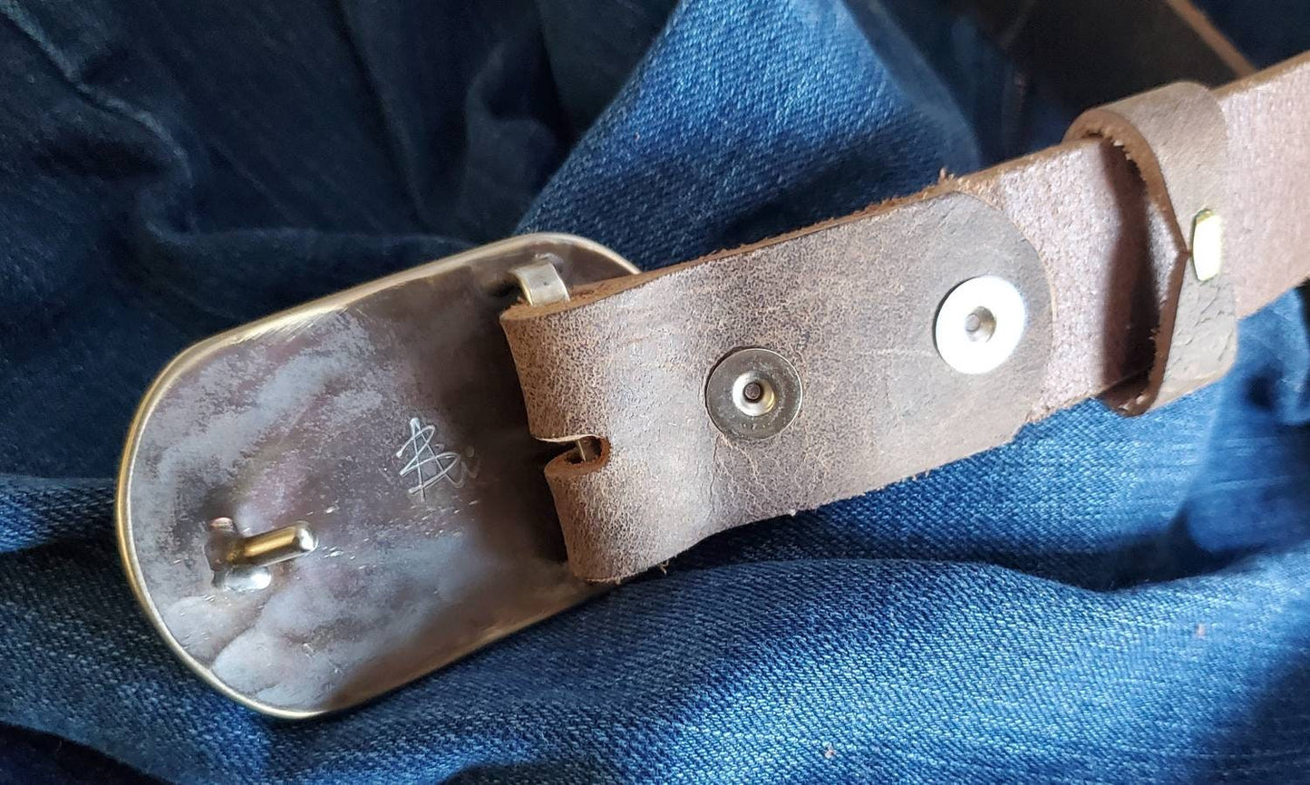 Belt & Buckle Set, Taupe Belt and Blue Buckle Set, Father's Gift, Hand Forged Buckle and Belt, 1.5" Wide Snap Belt, Your Belt Colour Choice