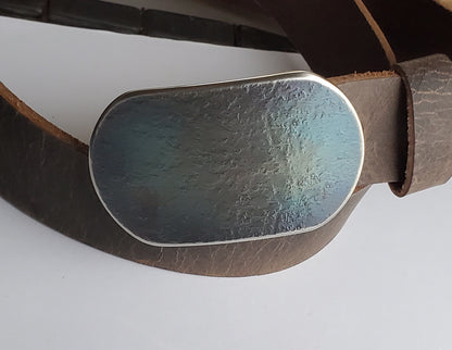 Belt & Buckle Set, Taupe Belt and Blue Buckle Set, Father's Gift, Hand Forged Buckle and Belt, 1.5" Wide Snap Belt, Your Belt Colour Choice