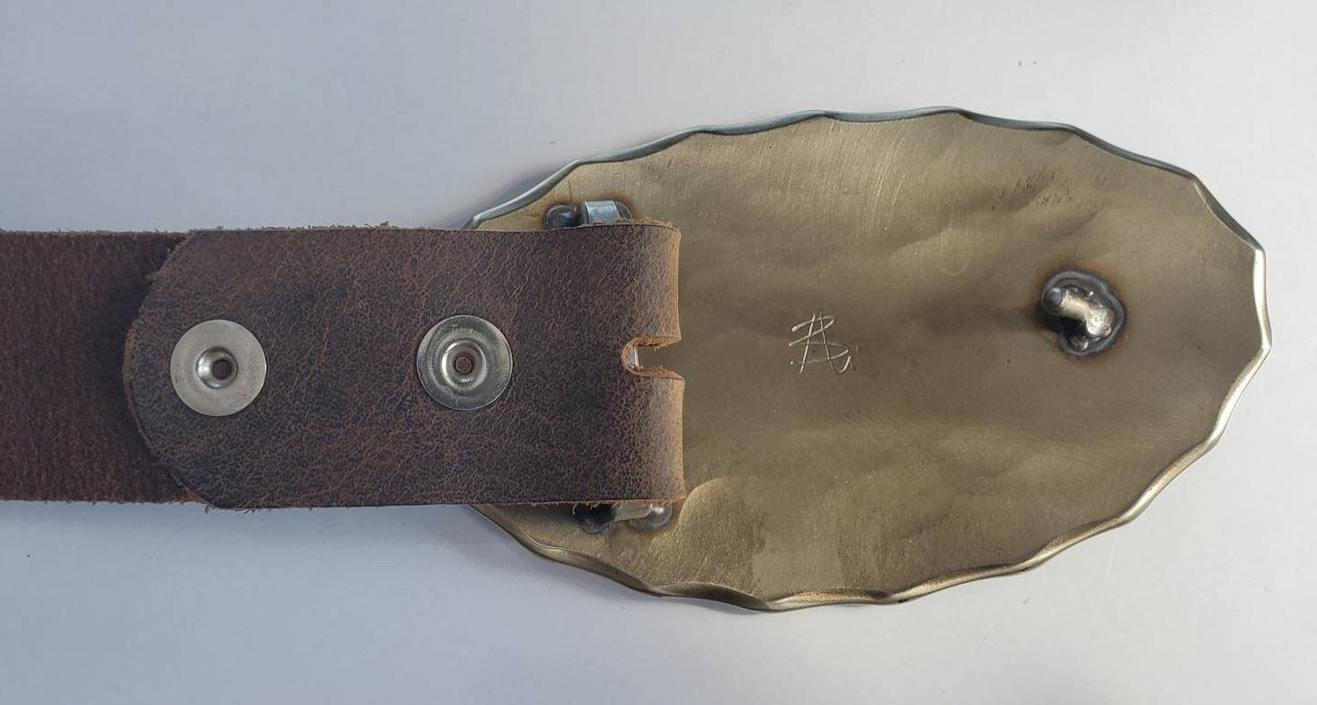 Oversized Belt & Buckle, Oval Hand Forged, Unisex Statement Piece, Hypoallergenic Buckle, Stainless Steel, Western Wear w/ 1.5" Jean Belt