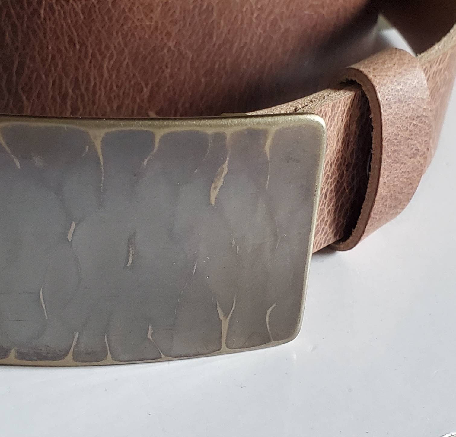 Belt & Buckle Set For Jeans Bronze Wood Grain Unisex Gifts, Hand Forged Stainless Steel Buckle Fits 1-1/2" Leather Belt Choose Colour