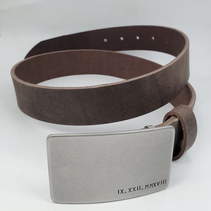 Roman Numeral Buckle with Leather Belt, Anniversary Gift, Belt & Buckle Set For Jeans, Customize for Anniversary, Unisex Personalized Gift