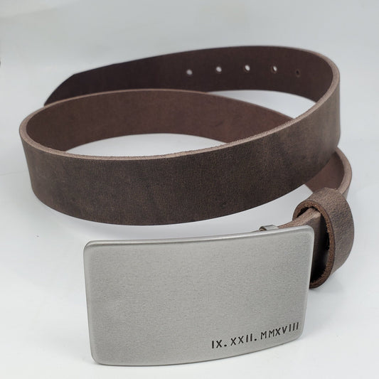 Roman Numeral Buckle with Leather Belt, Anniversary Gift, Belt & Buckle Set For Jeans, Customize for Anniversary, Unisex Personalized Gift